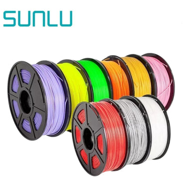 Multiple spools of SUNLU 3D printer filament in various colors, including purple, green, yellow, orange, red, gray, and white.